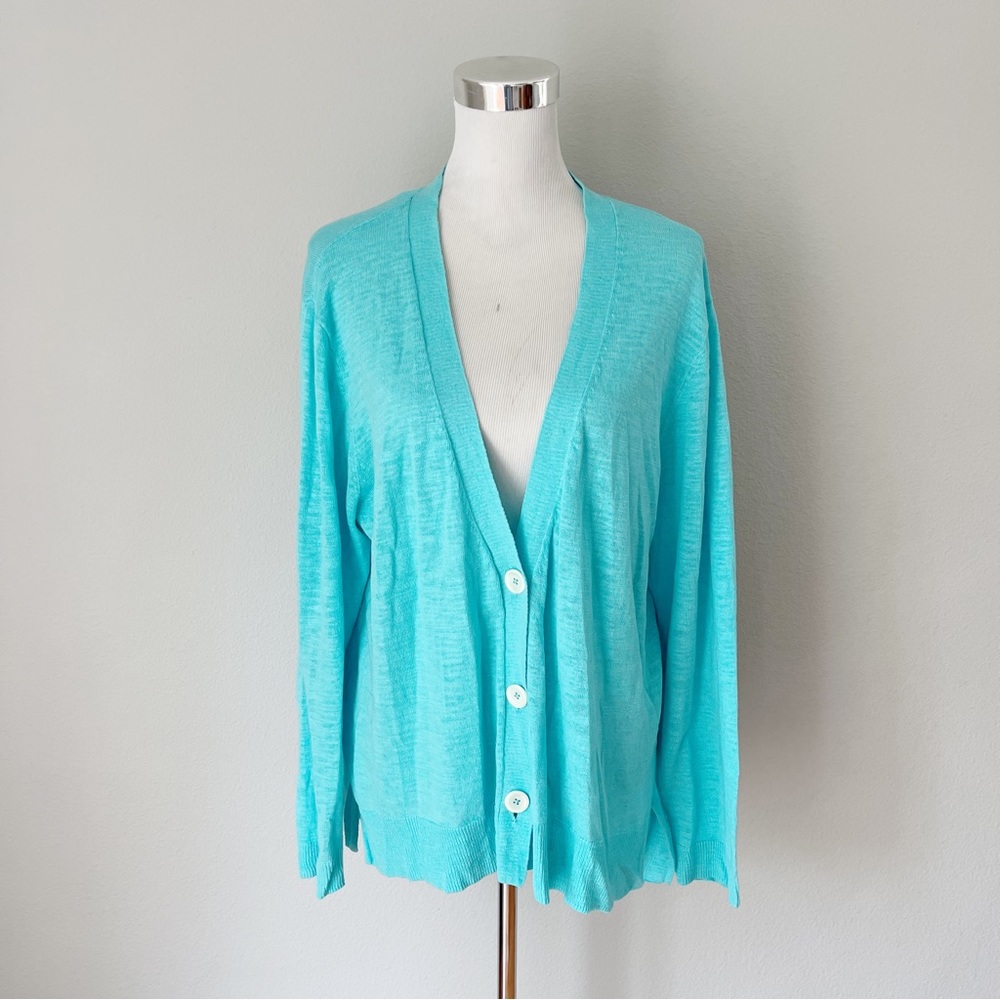 J. Jill Linen Blend V-Neck Teal Cardigan Size XL
